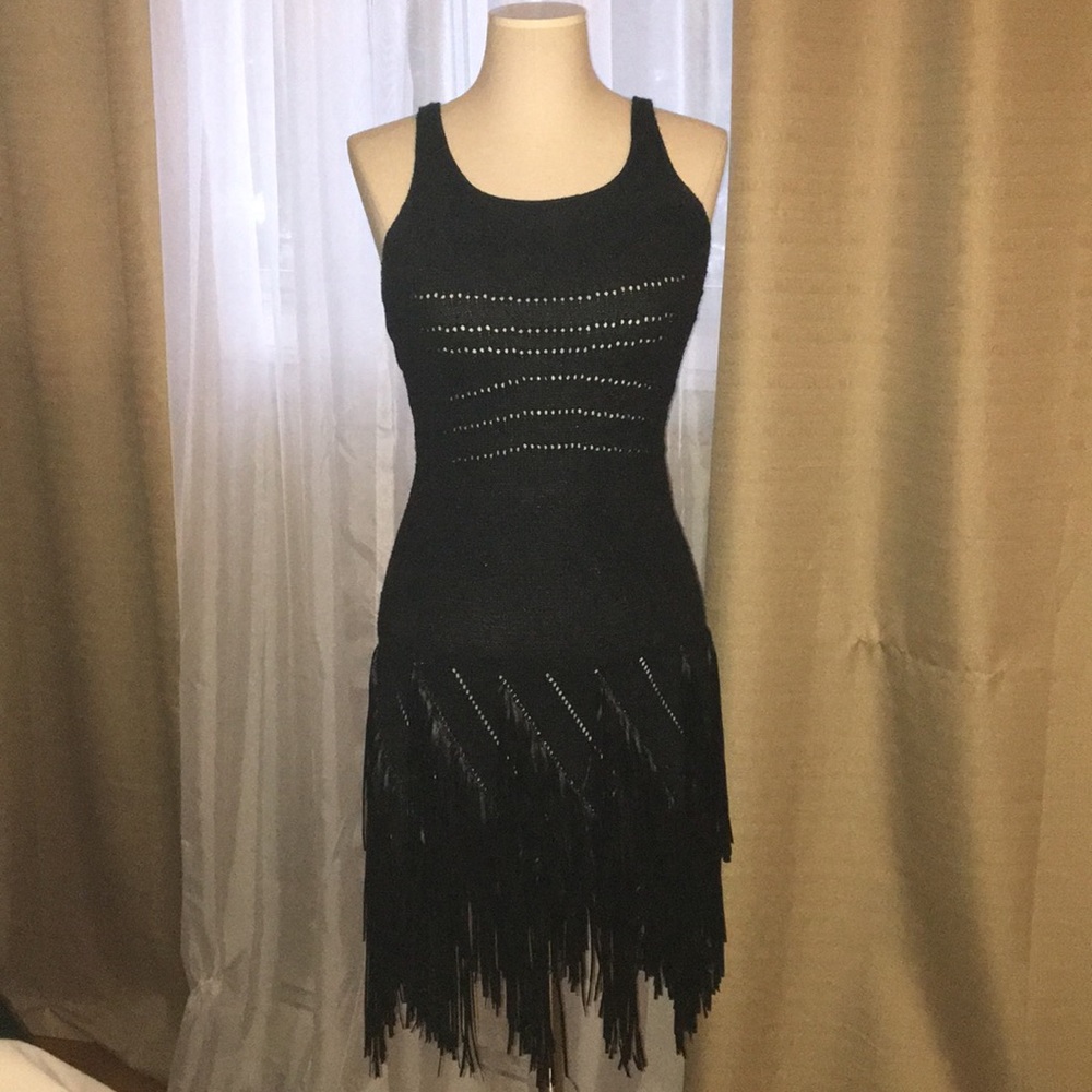 Black knit dress with fringe skirt